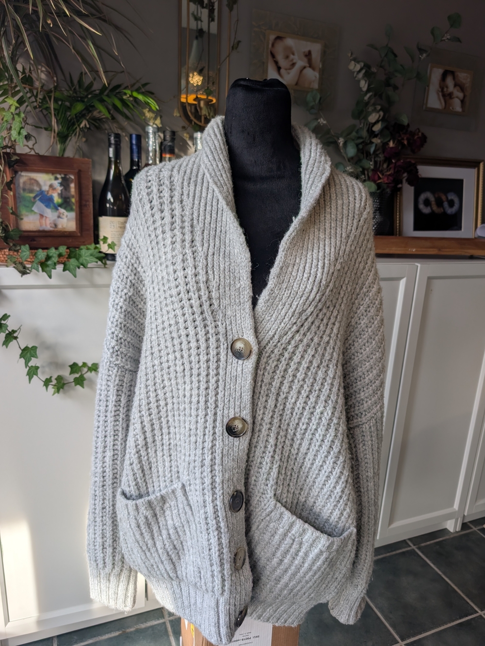 Zara Light Gray Chunky Shawl Collar Button-Front Cardigan